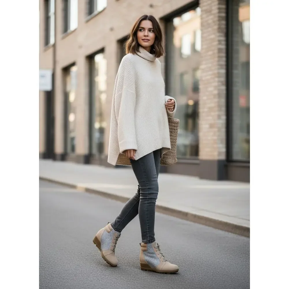 Sorel Evie Ankle Lace Boots Wedge Womens 8 WP Suede Wedge‎ Ceramic Natural